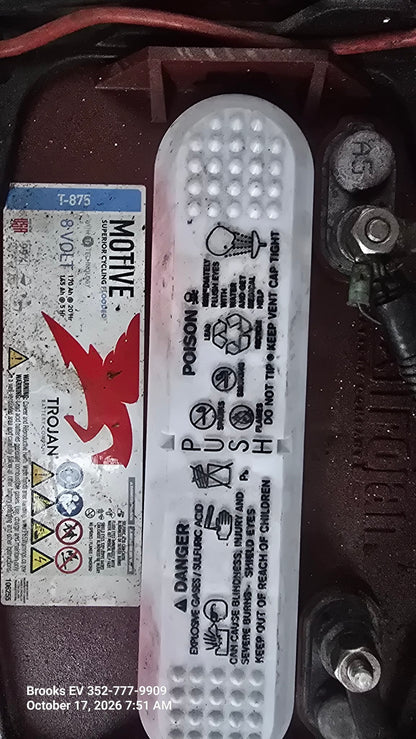 2012 Yamaha golf cart - Trojan T-875 8-volt battery label