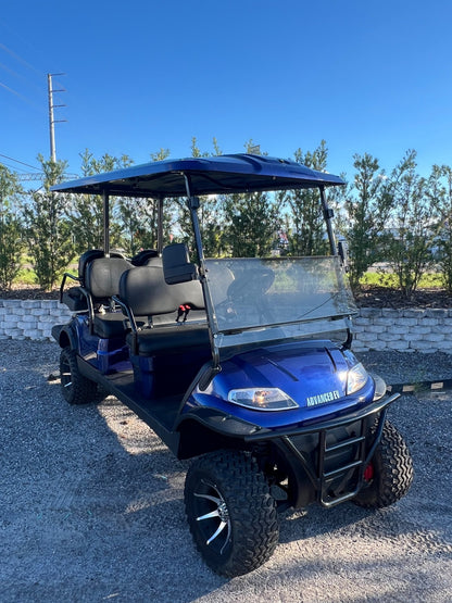 2021 Advanced EV golf cart in blue, front three-quarter view