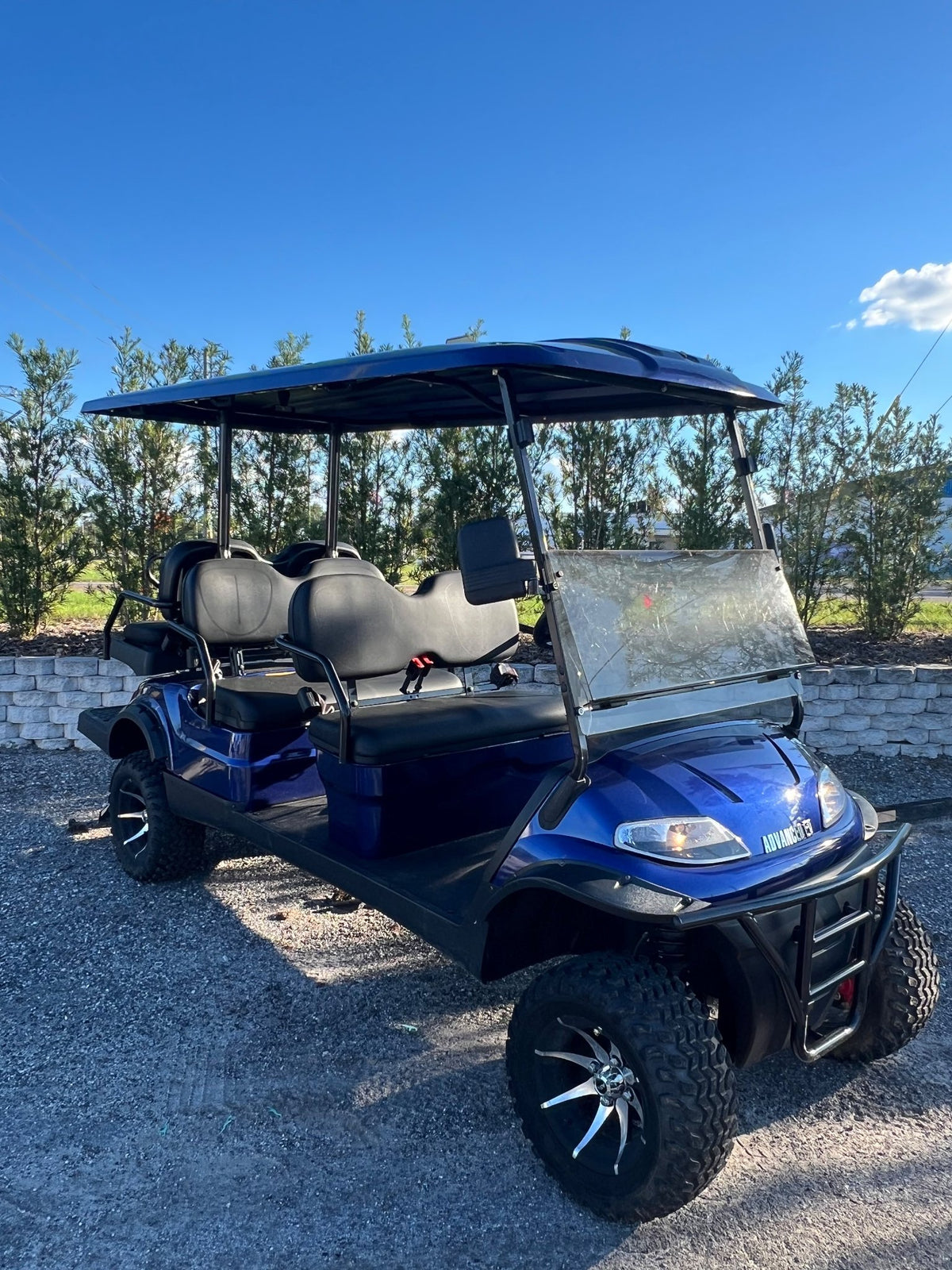 2021 Advanced EV golf cart in blue, front view, second angle