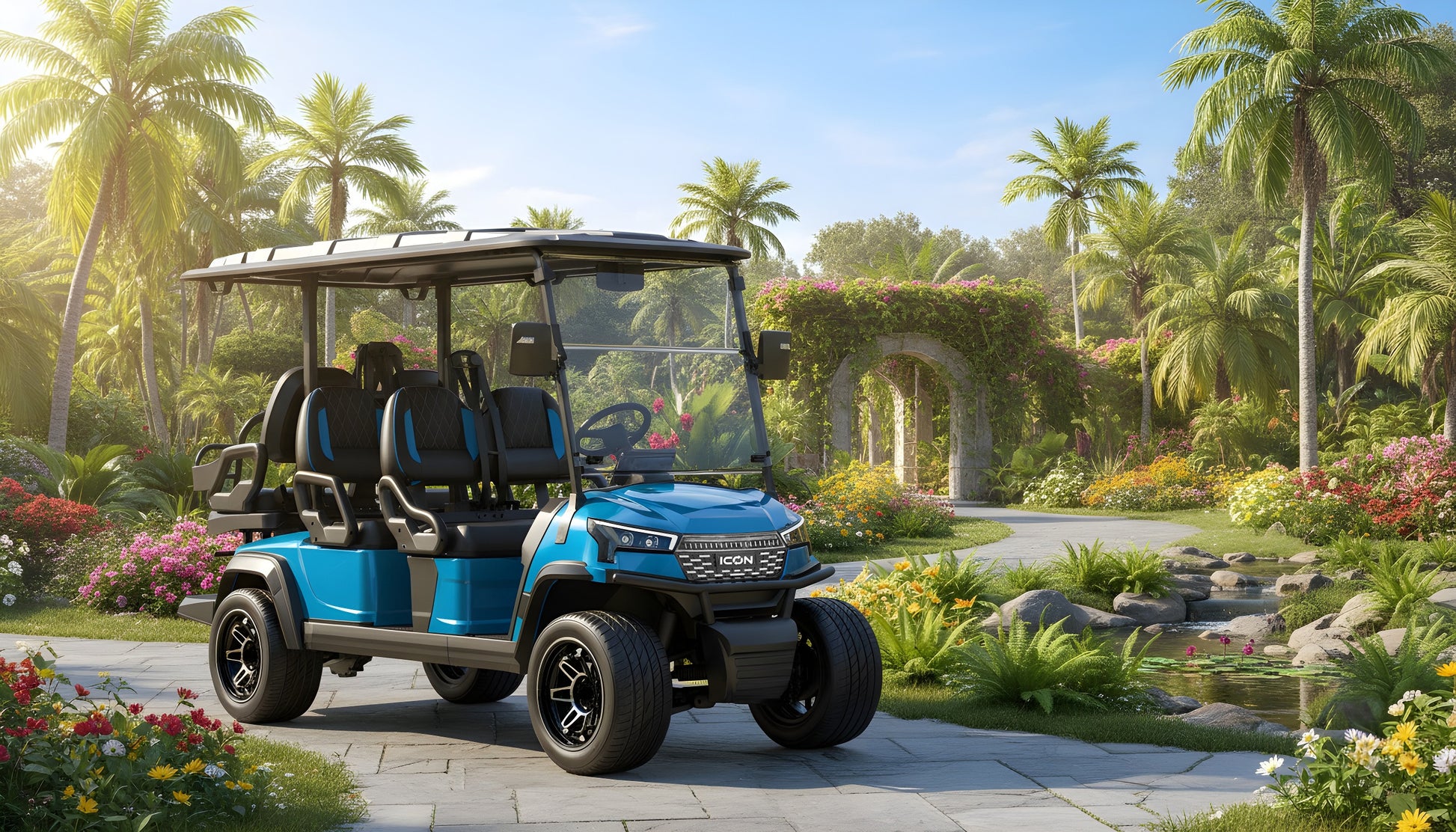 6-Seater golf cart rental — Electric Blue lithium ICON i60LX