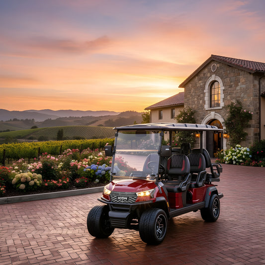 2026 ICON i60LX Sangria limousine 6-passenger lithium golf cart at Brooks EV