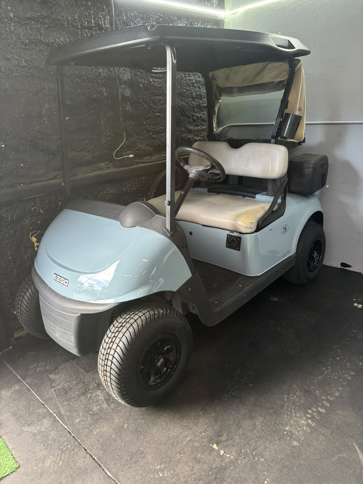 2021 E-Z-GO RXV Elite Light Blue — front three-quarter view, second angle