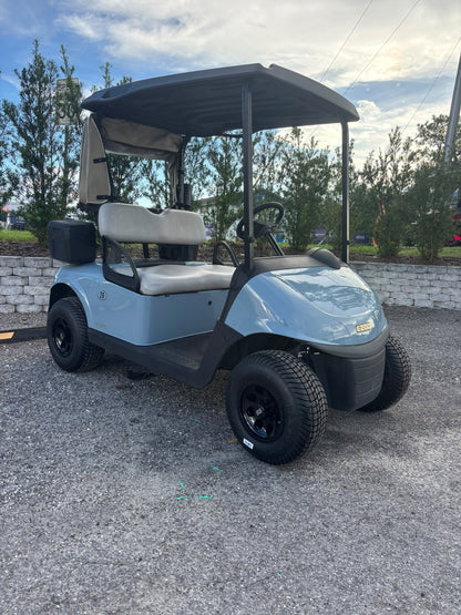 2021 E-Z-GO RXV Elite Light Blue — front three-quarter view, third angle